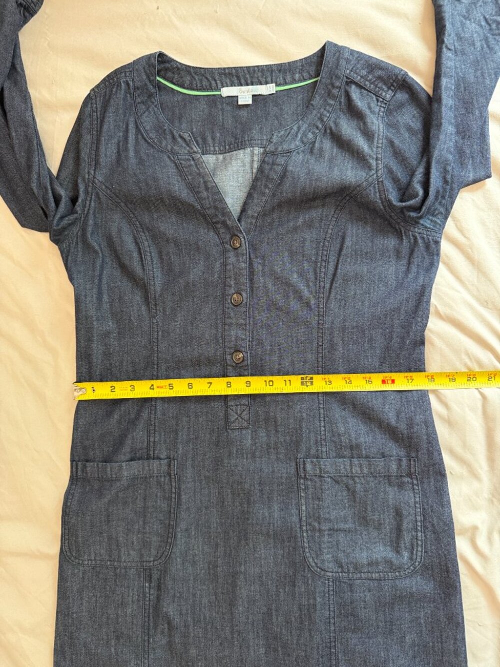 Boden Dark Wash Denim Shift Dress | Long Sleeve Button Placket | Size 8 - Picture 10 of 13
